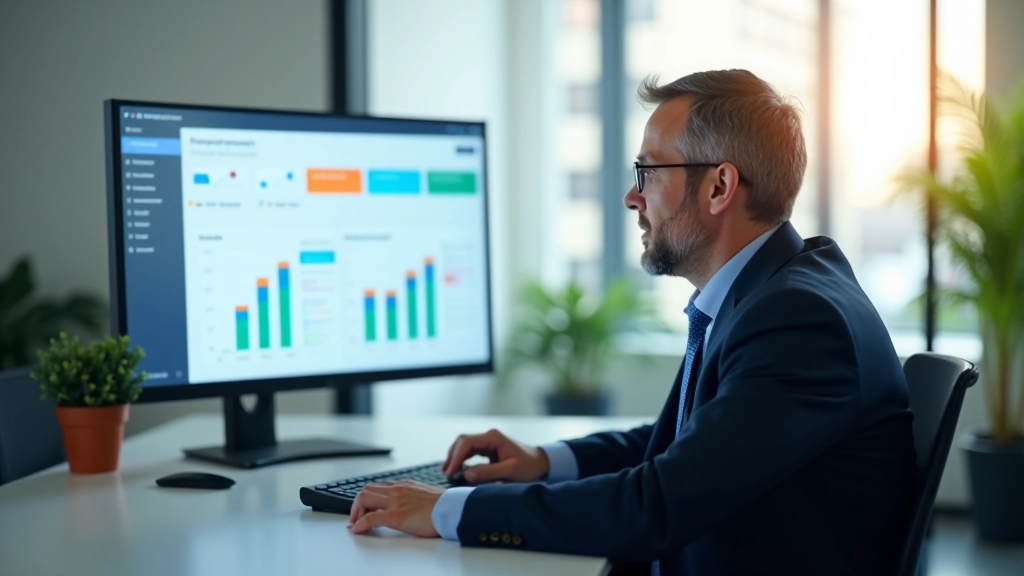 Finance manager reviewing automated reporting dashboard on computer screen