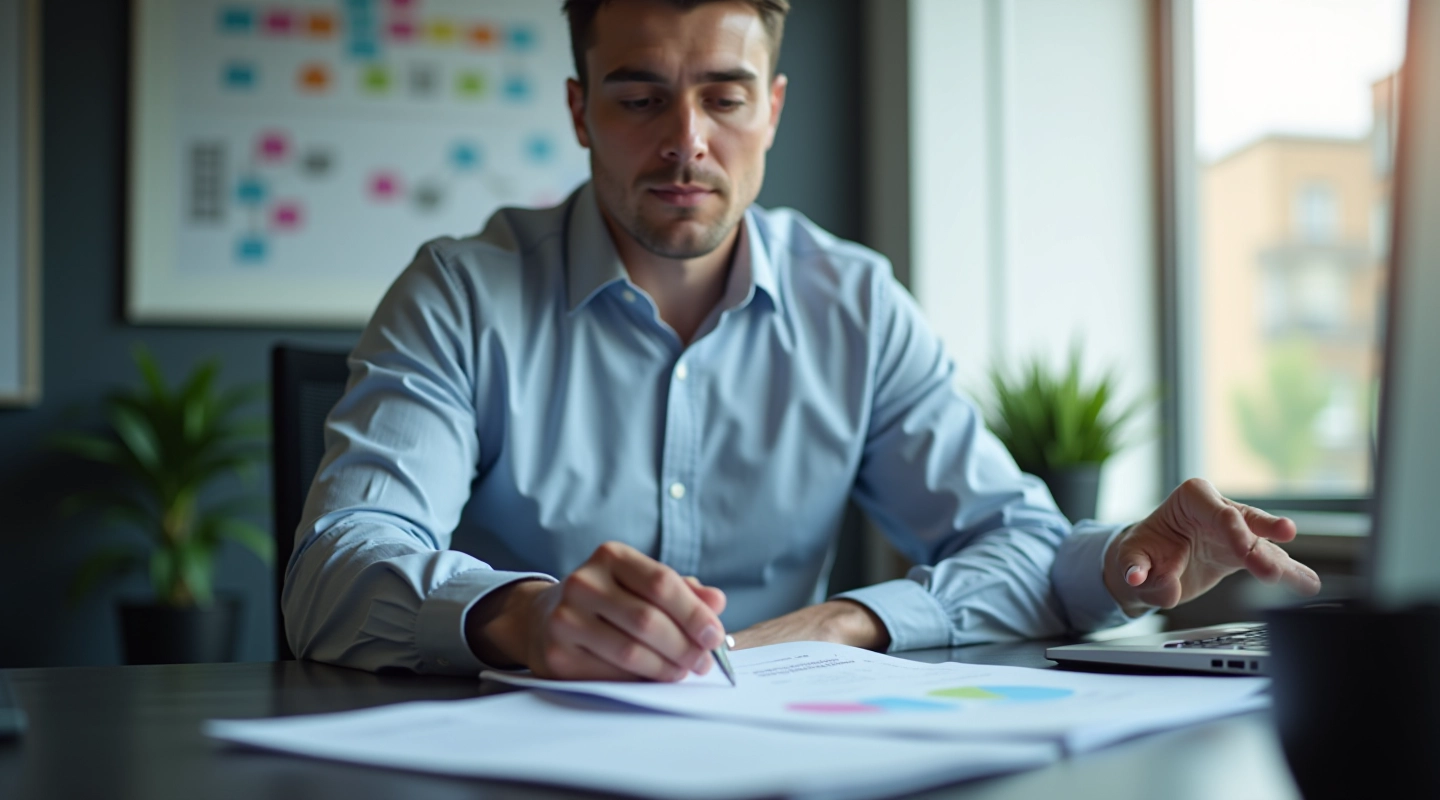 Finance professional working at desk with spreadsheets and workflow documentation