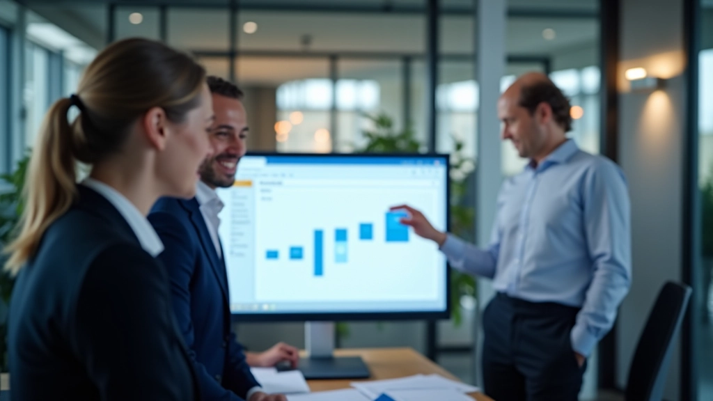 Team collaboration scene with finance staff reviewing workflow automation dashboard
